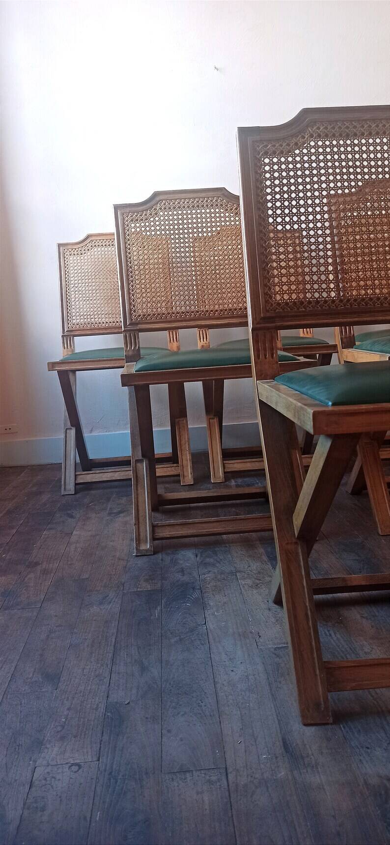 Set of 6 vintage French chairs in solid wood, canework and sky green