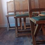 Set of 6 vintage French chairs in solid wood, canework and sky green