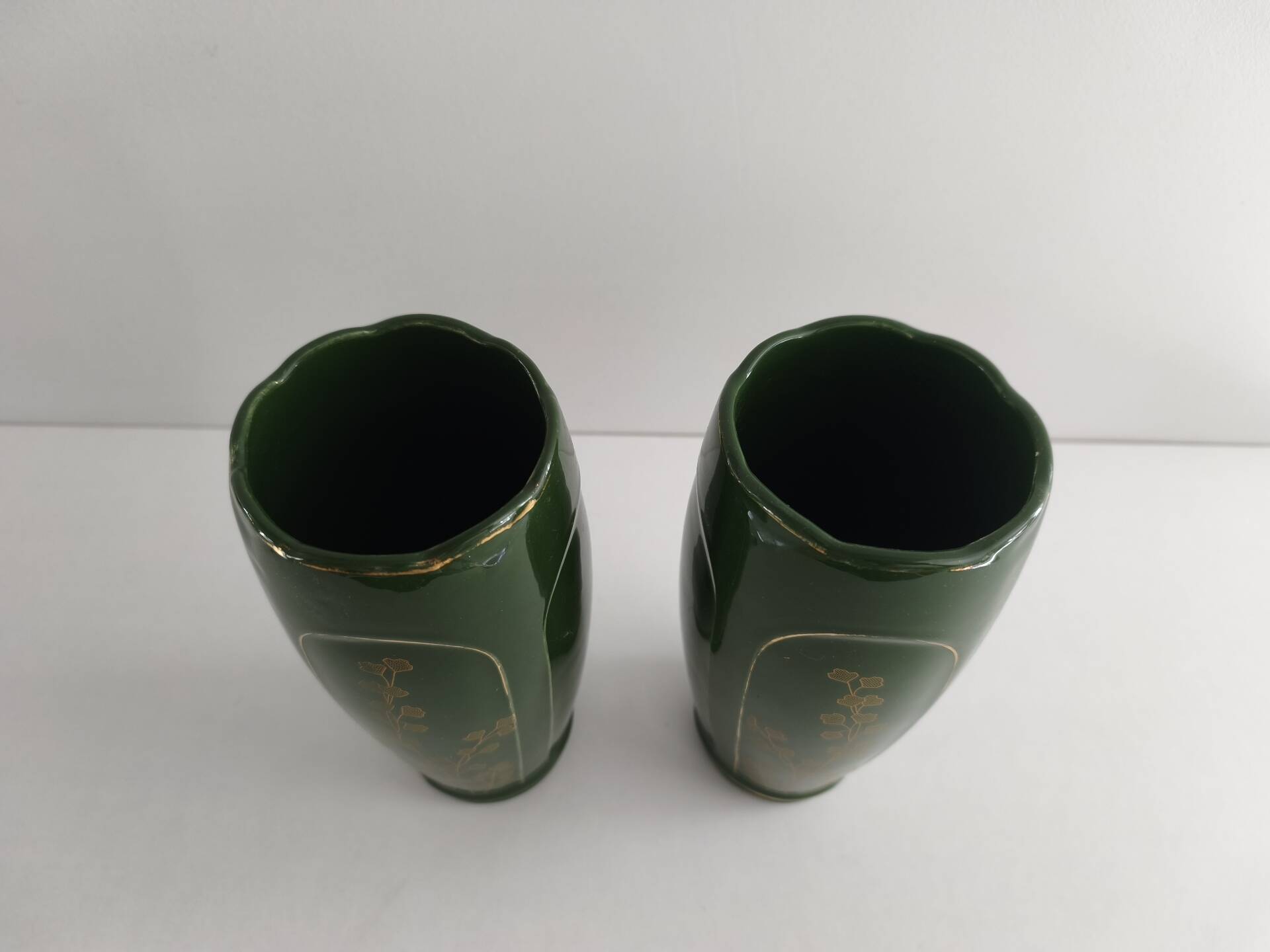Pair of vintage empire green ceramic vases – Iris decoration & gilding