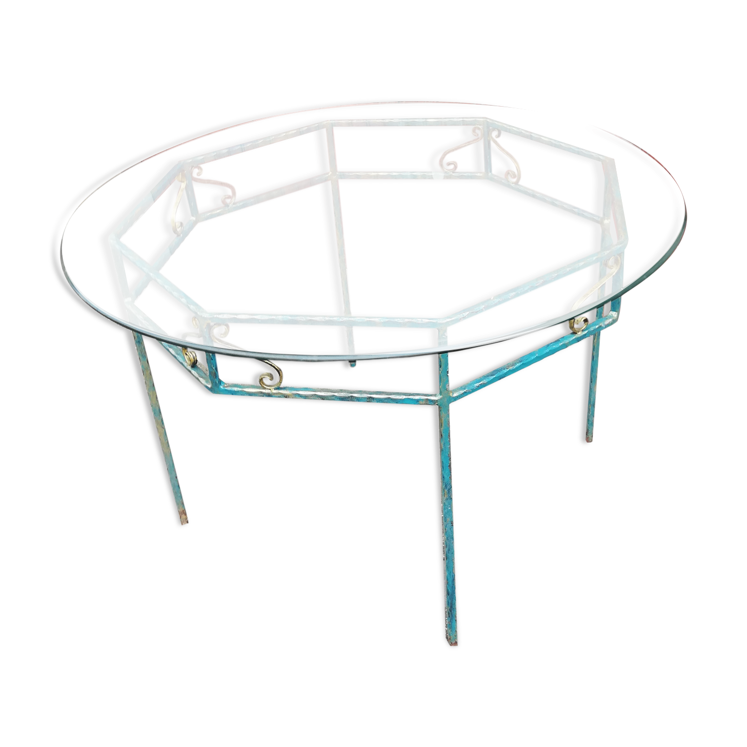 Table vintage fer forgé et plateau verre
