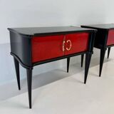 Pair of Italian Art Deco Nightstands in Red Parchment and Black Lacquer, 19
