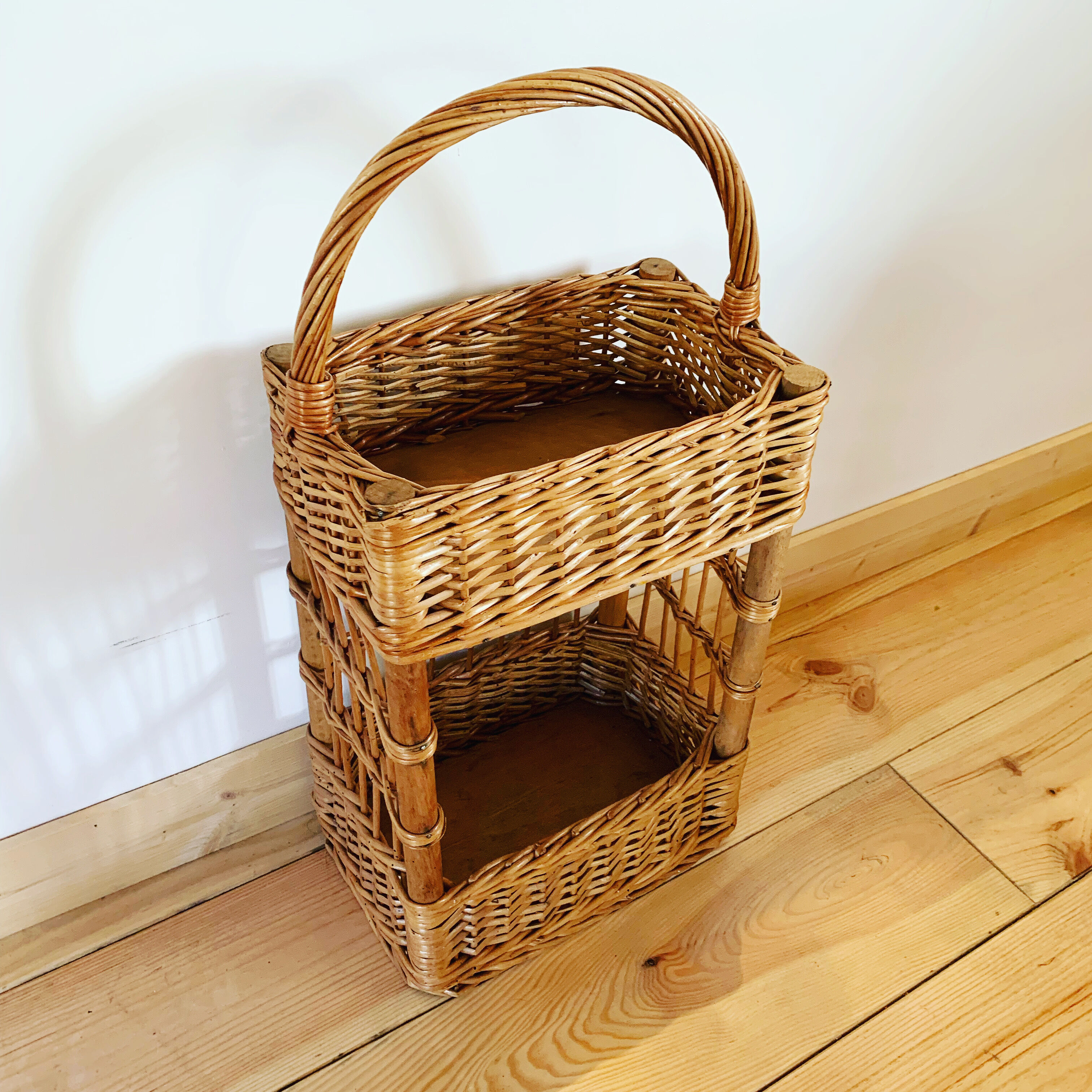 Vintage wicker bottle bar