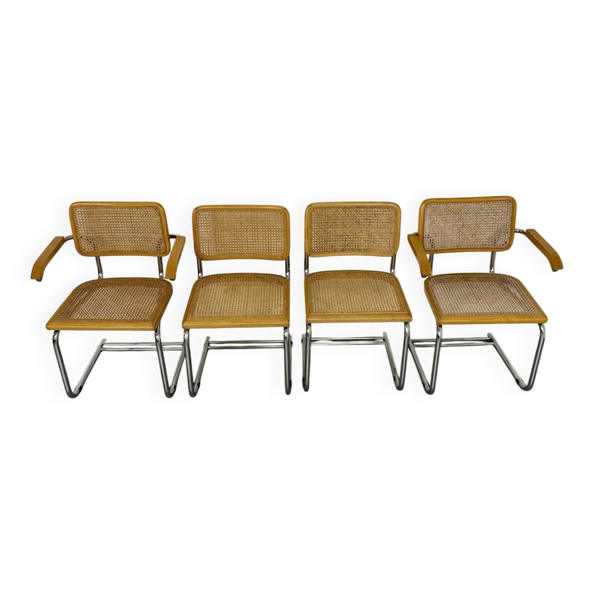 Set of 4 cane cantilever chairs and armchairs, Cesca, 1970s.