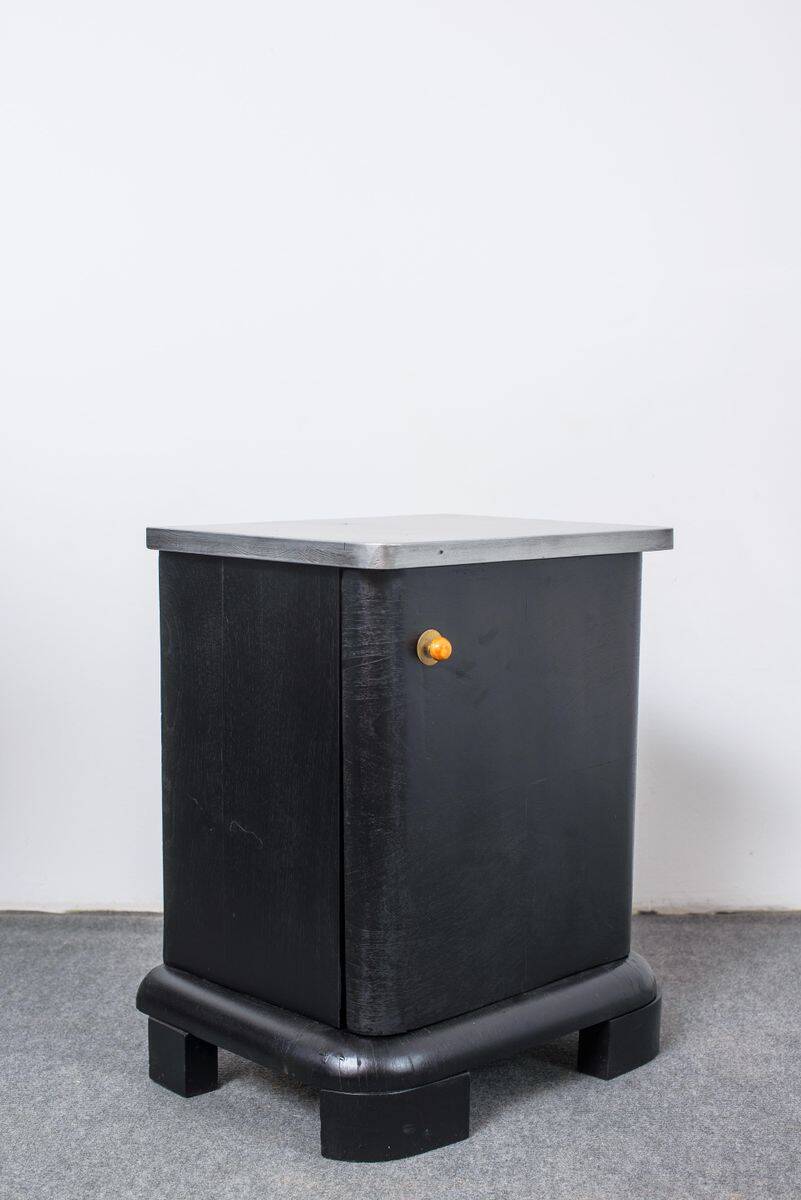 Black Art Deco bedside table in wood, silver top, single door, 1930s.