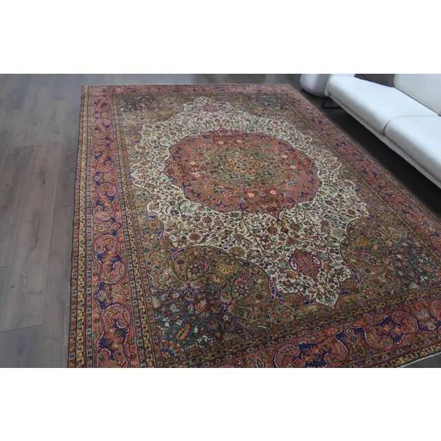 1960s Vintage Persian Handmade Wool Cotton Light Red Area Rug 253x340