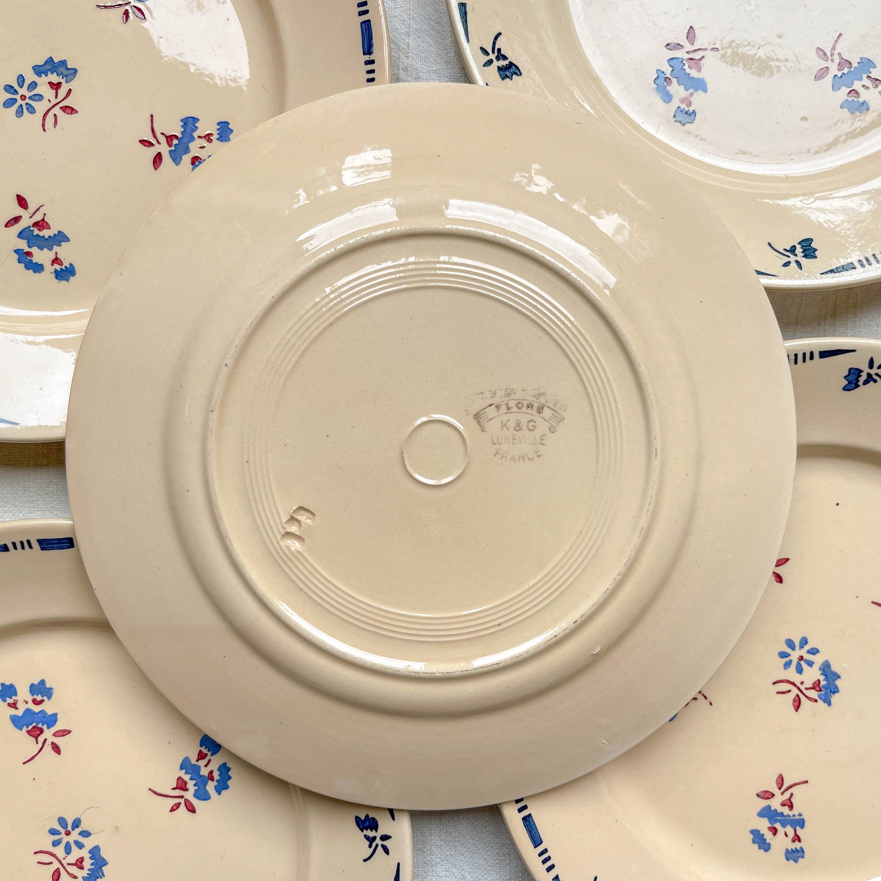 5 small vintage porcelain plates K&G Luneville "Flore" 1950s small blue flowers