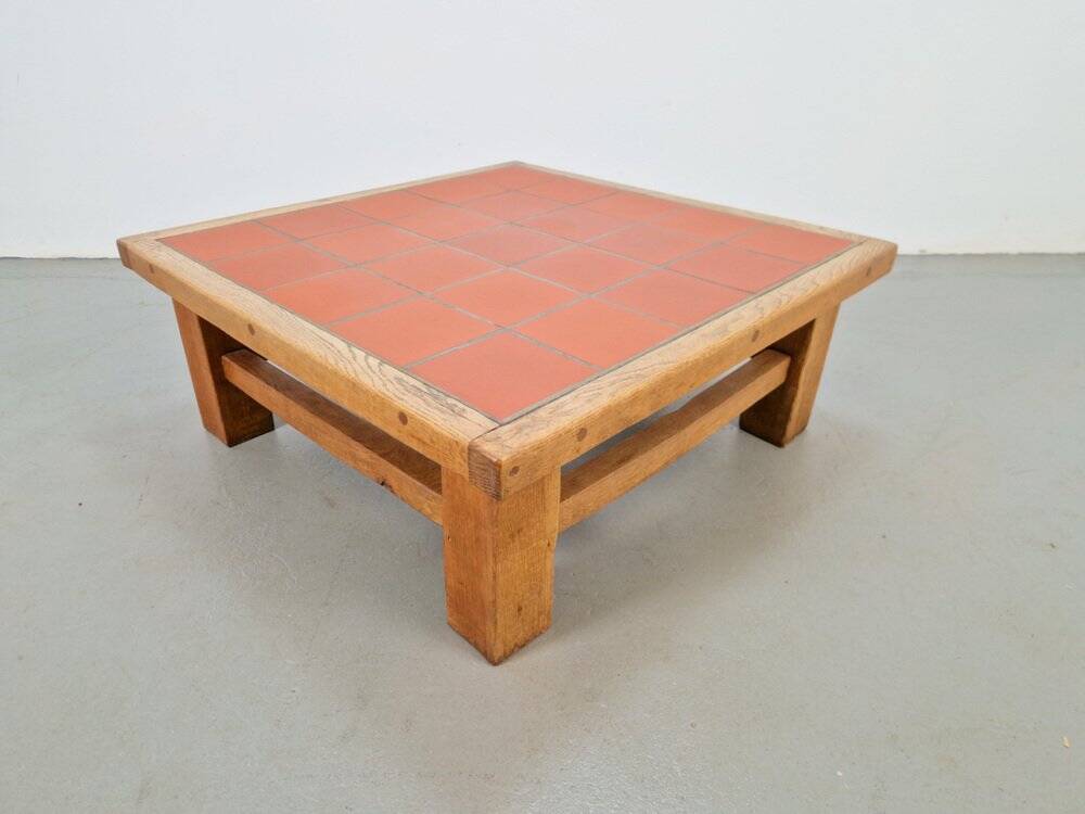 Brutalist Oak Coffee Table with Terracotta Tiles, 1950s