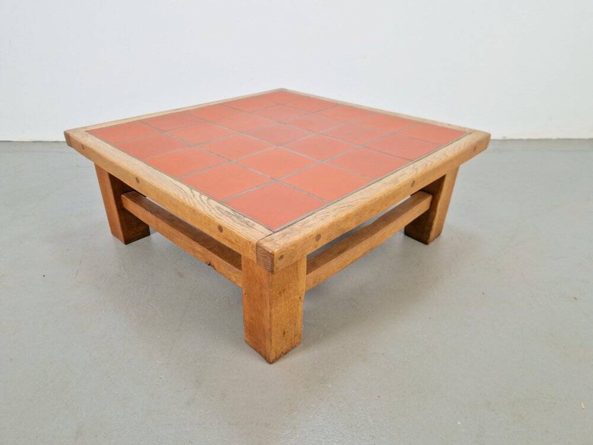 Brutalist Oak Coffee Table with Terracotta Tiles, 1950s