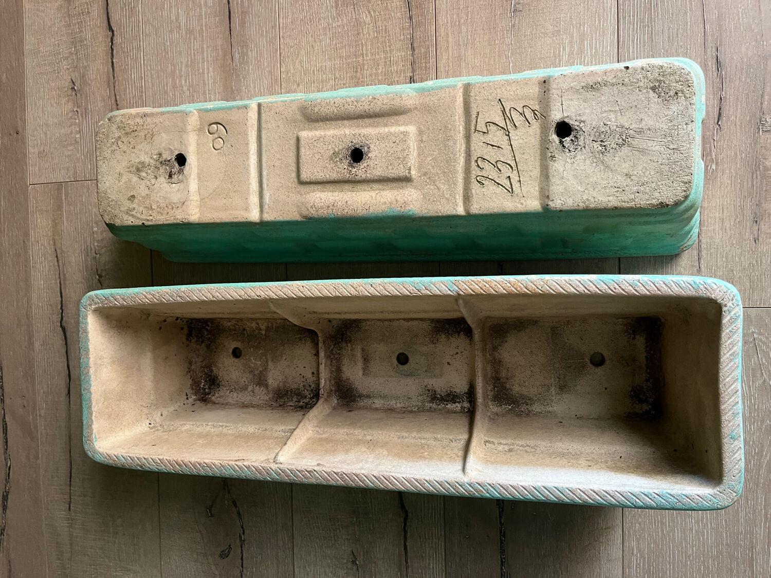 2 water green stone planters, 1950s-60s