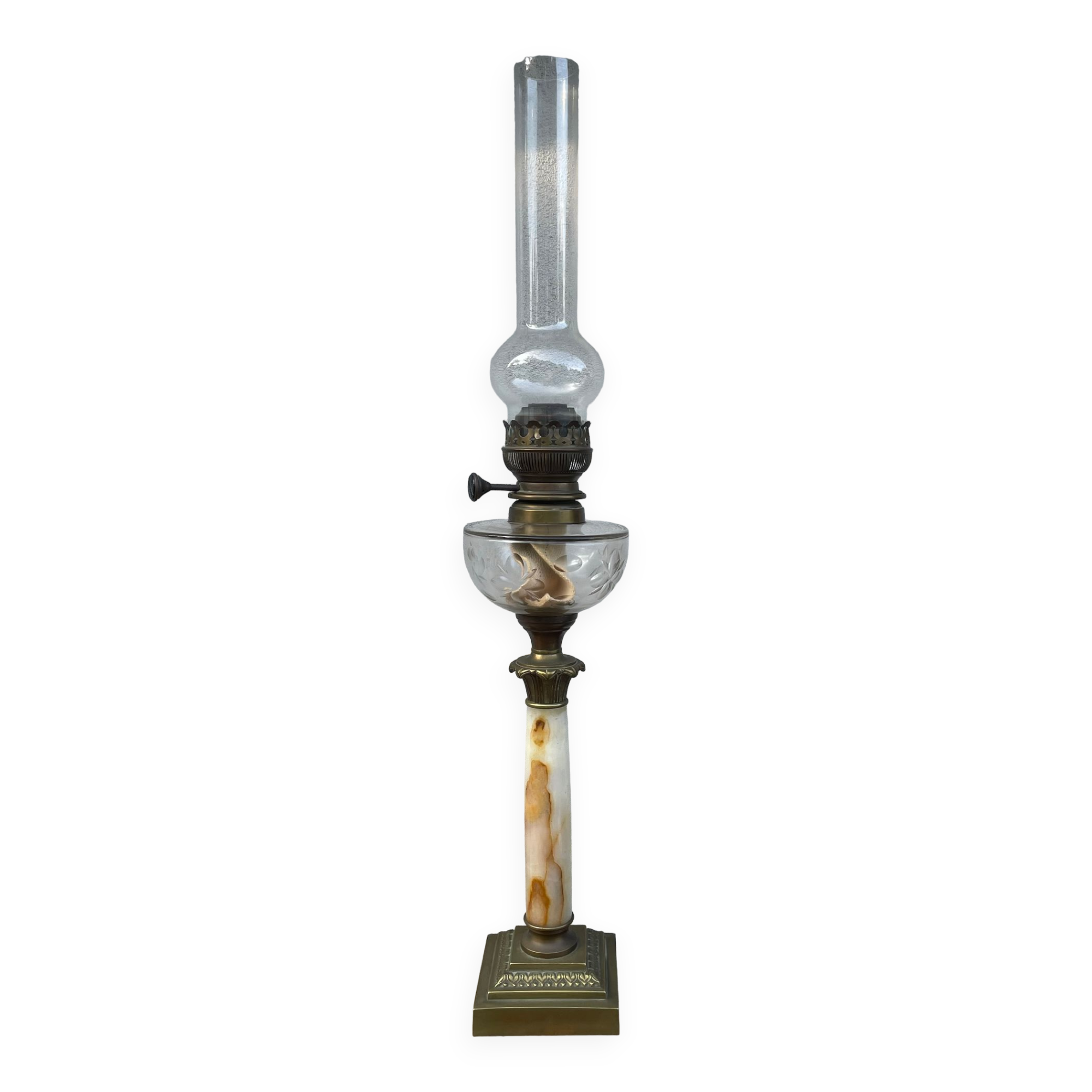Grande lampe pétrole marbre réservoir cristal 74 cm haut du verre