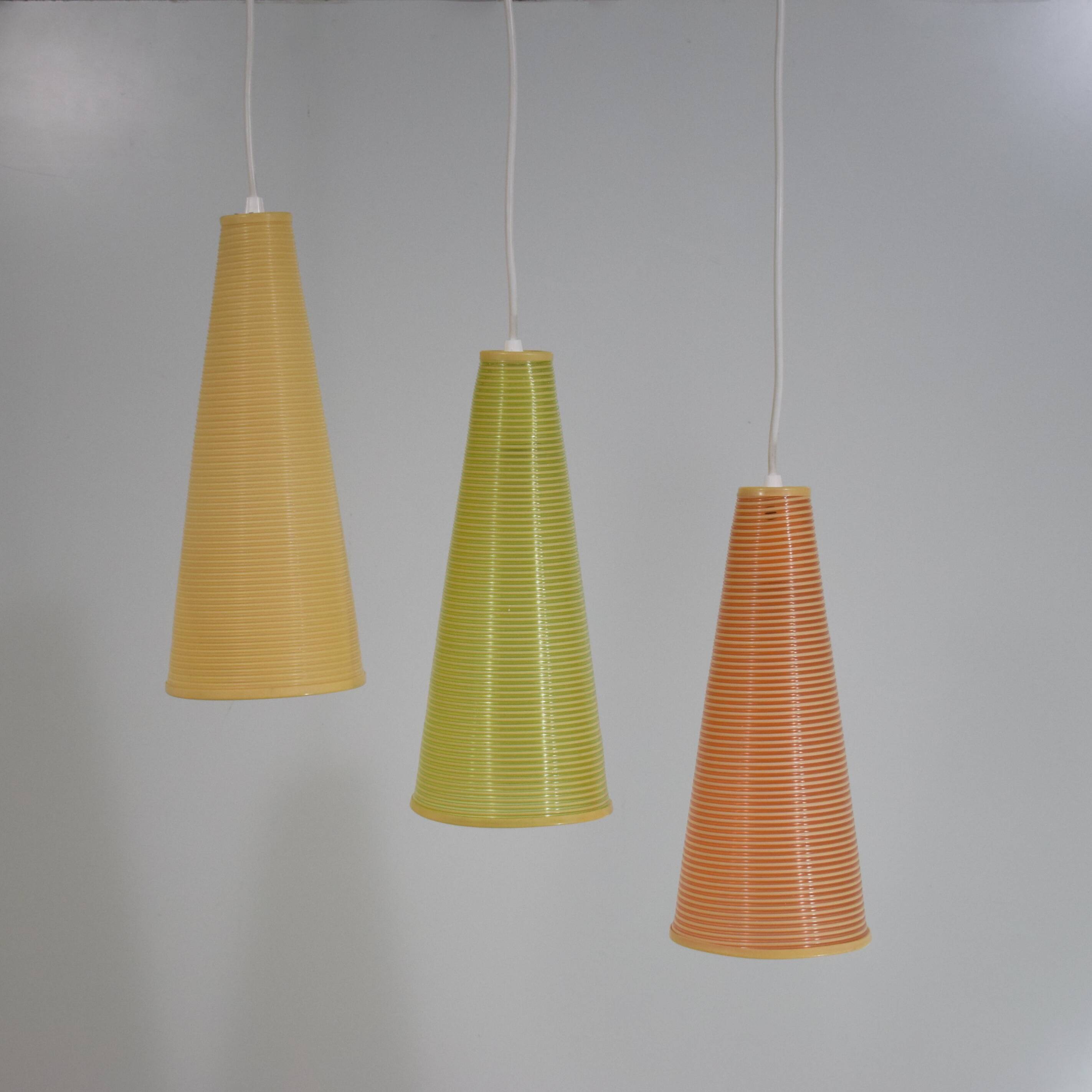 Set of 3 Rhodoid Rotaflex pendants, 1950