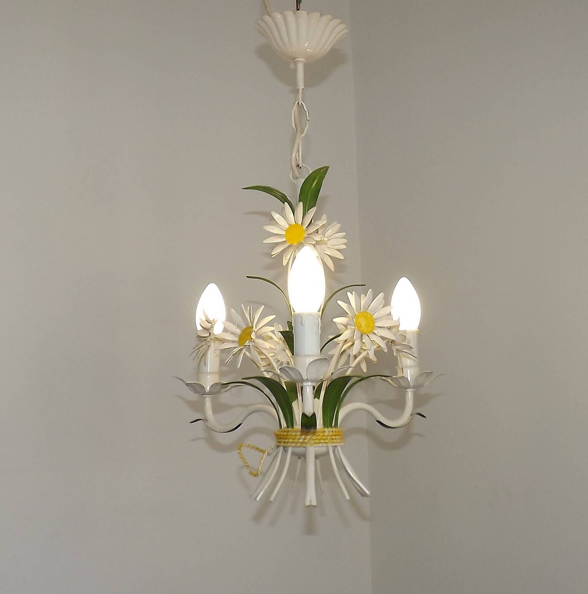 French Vintage Tied Bouquet Style Daisy Flower 3 Light Chandelier