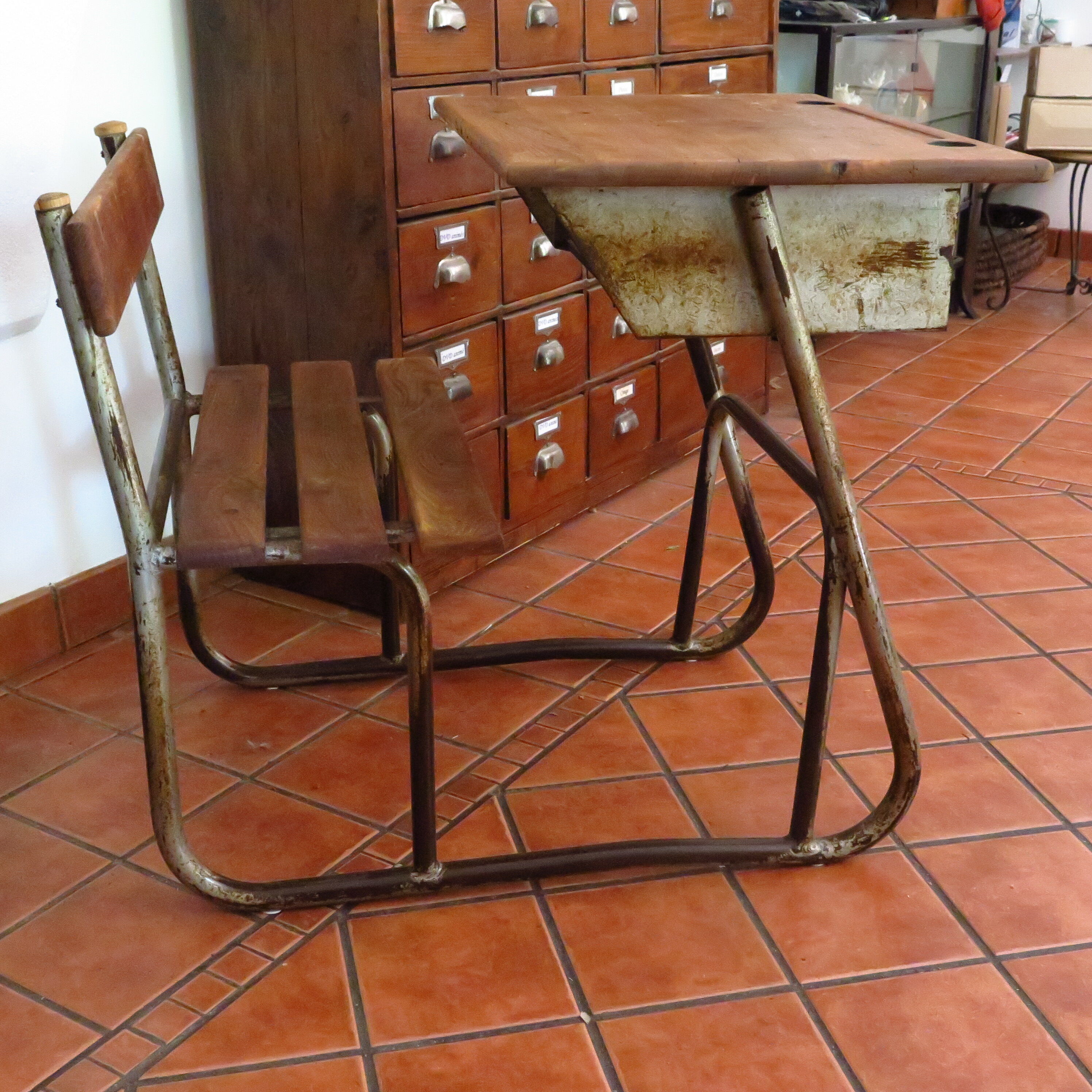 Industrial style oak and metal school desk