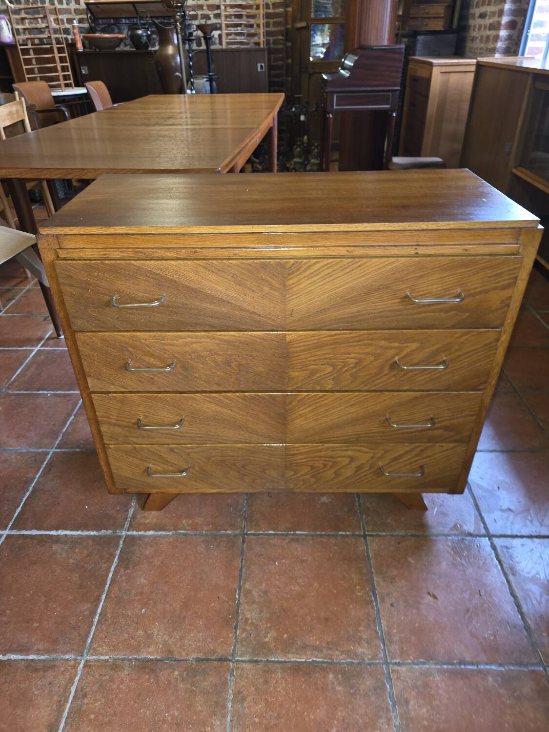 Vintage oak chest of drawers with herringbone patterns from the 1960s.