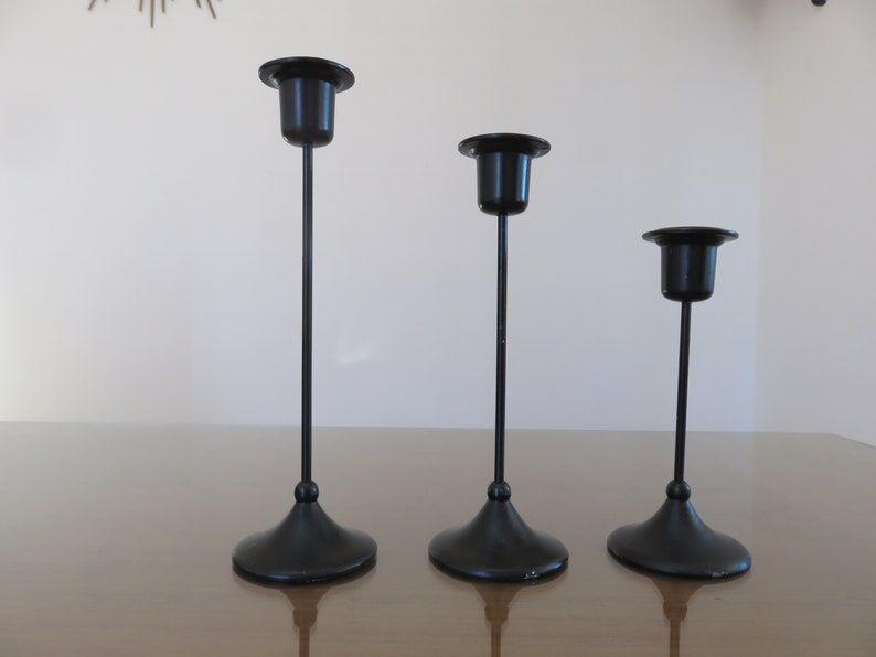 Series of 3 Scandinavian candle holders in black lacquered metal 60s 70s