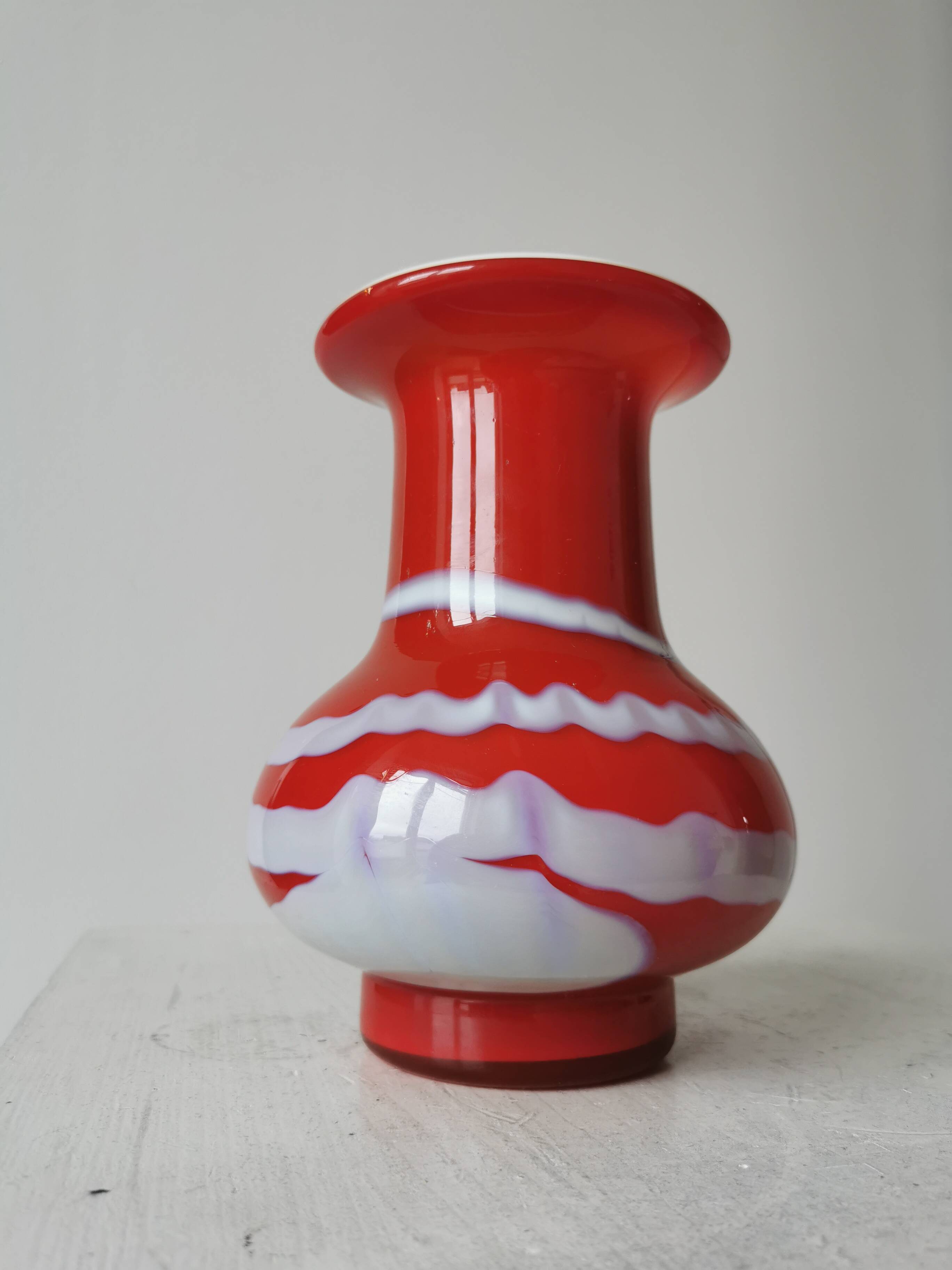 Vintage Murano Glass Vase: Red & White Stripes, 1970s Space Age Decor