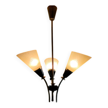 Brass and glass chandelier with 3 lights - 1950s