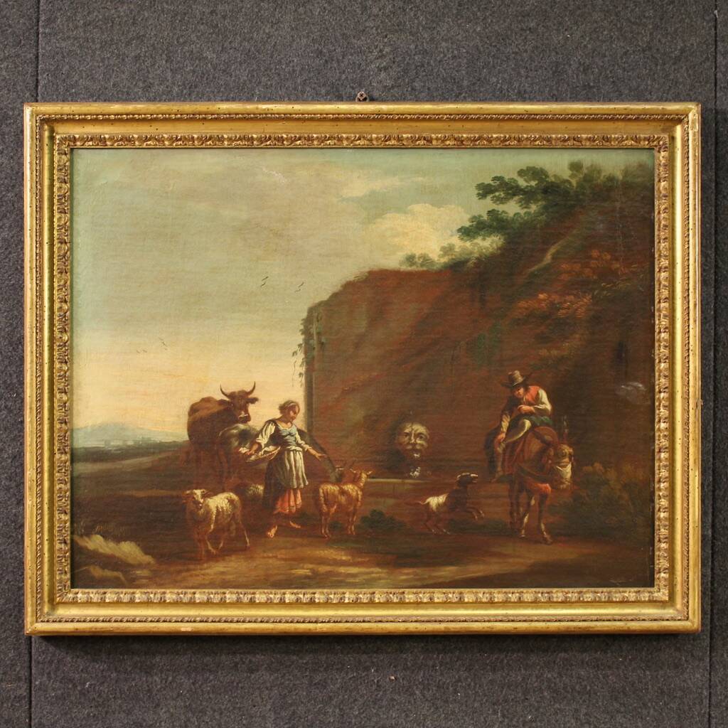17th century bucolic landscape painting with figures, pastoral scene