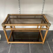 TV storage cabinet in rattan and vintage glass 1950