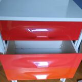 DF2000 bedside table with two drawers coral red orange Raymond Loewy