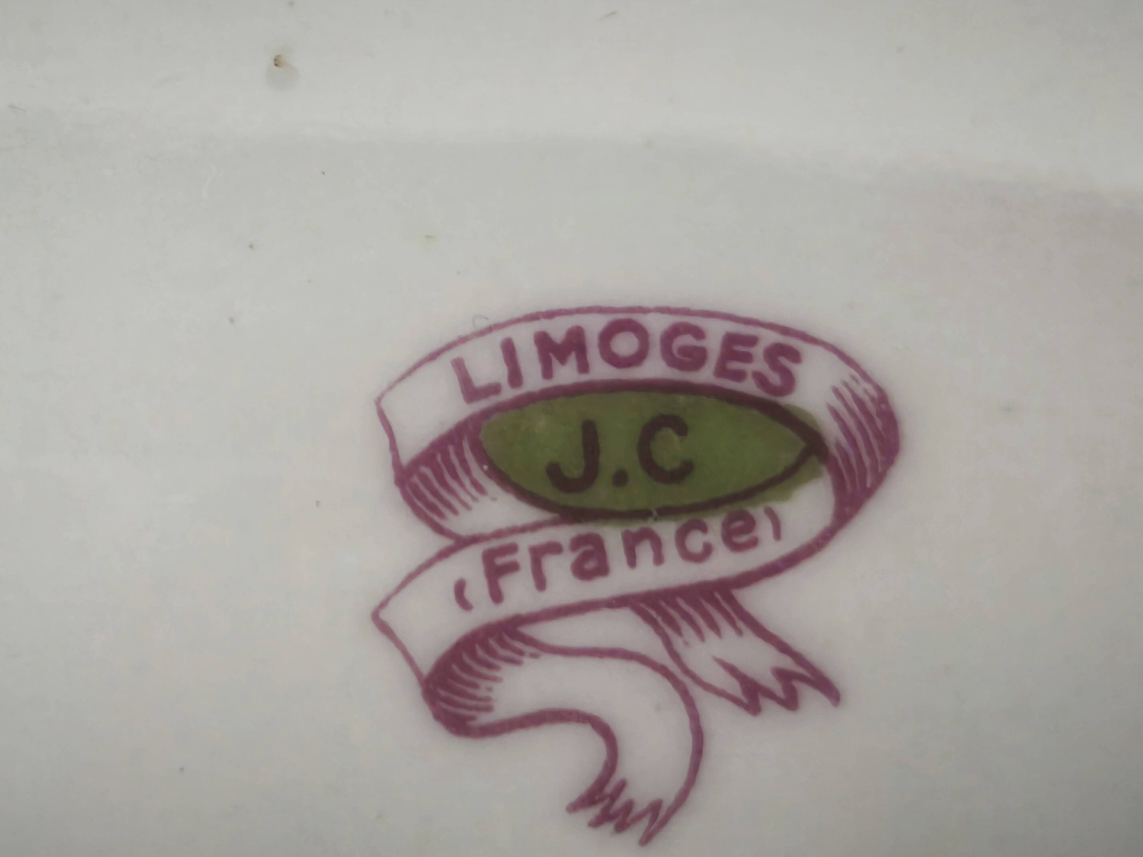 Oval porcelain plate from Limoges with a hydrangea basket design.