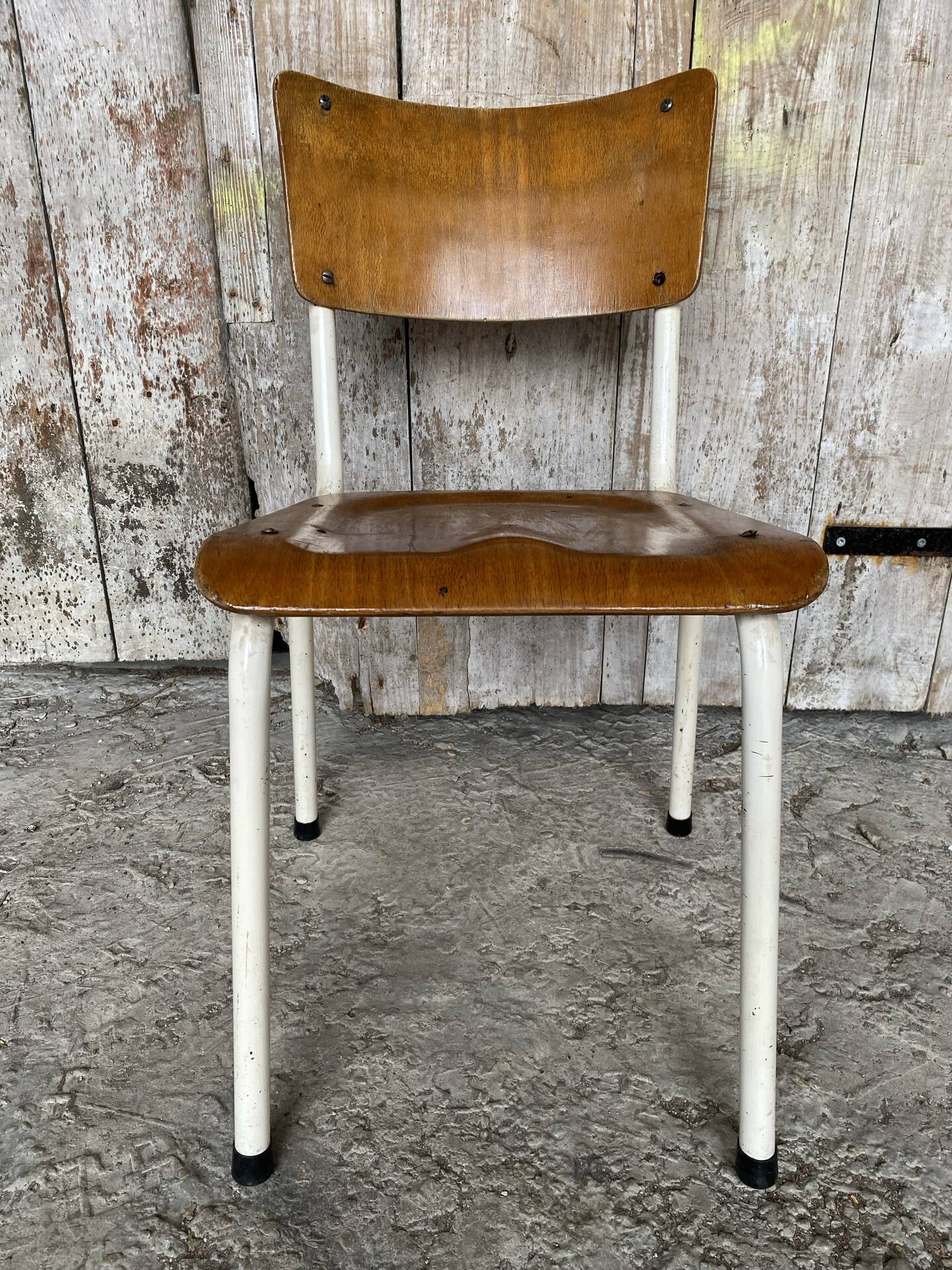 Chaise ecolier ancienne colmon tube metal blanc + bois vintage