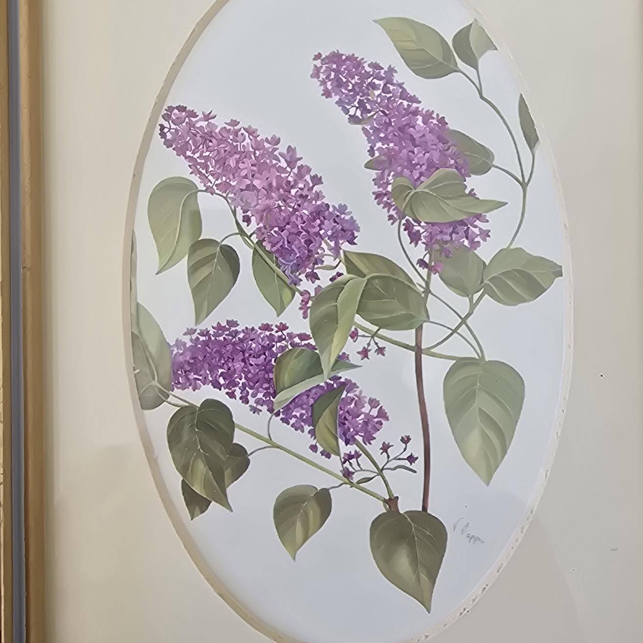 Set of 2 gilded frames under glass – V. Mappin purple flowers – 21.5 x 16.5 cm