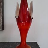 Designer vase in the shape of a tulip from the 70s, orange red blown glass, Dragan Drobnjak