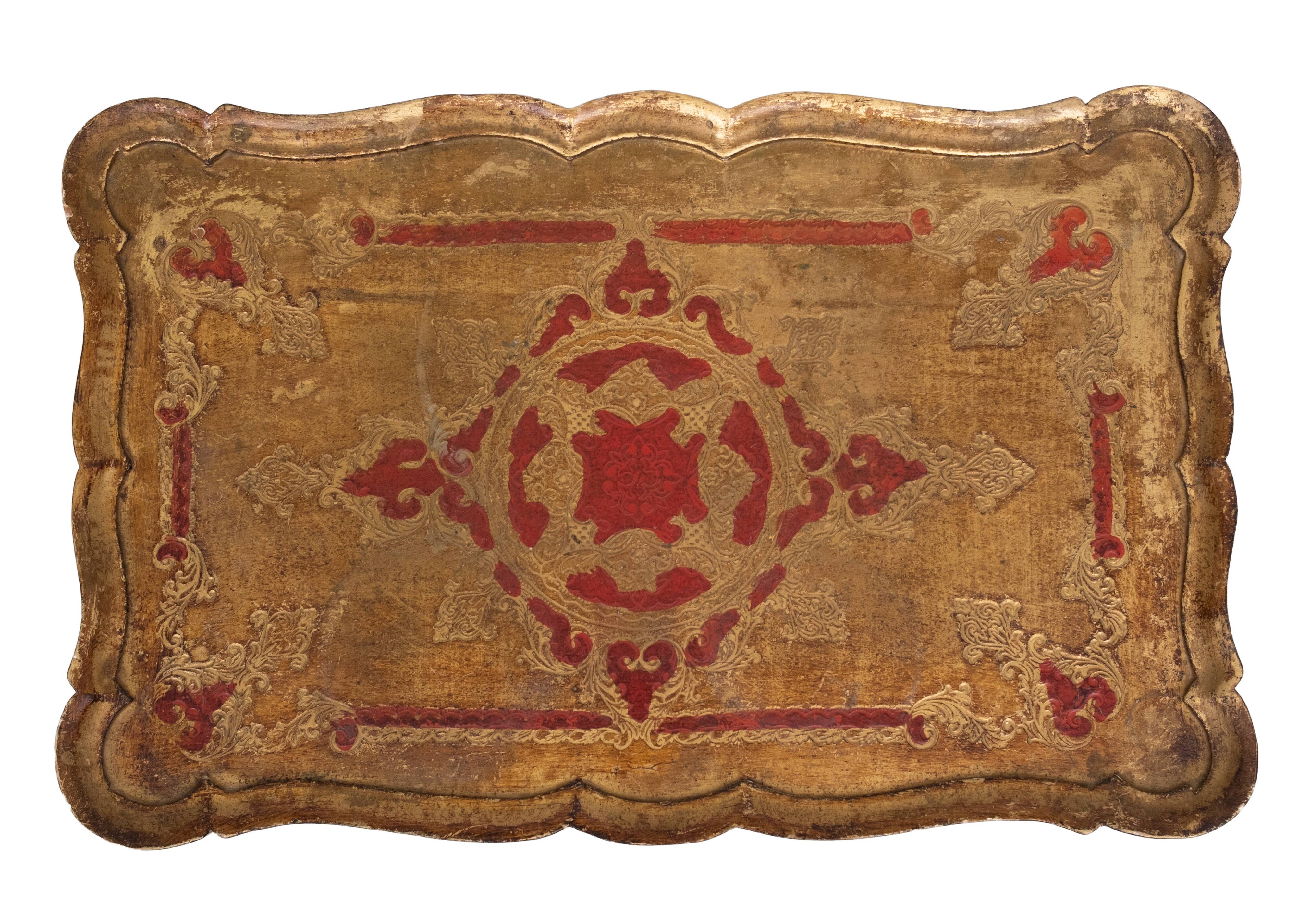 Triptych Florentine Gold and Red Wood Italian nesting Tables, 1960