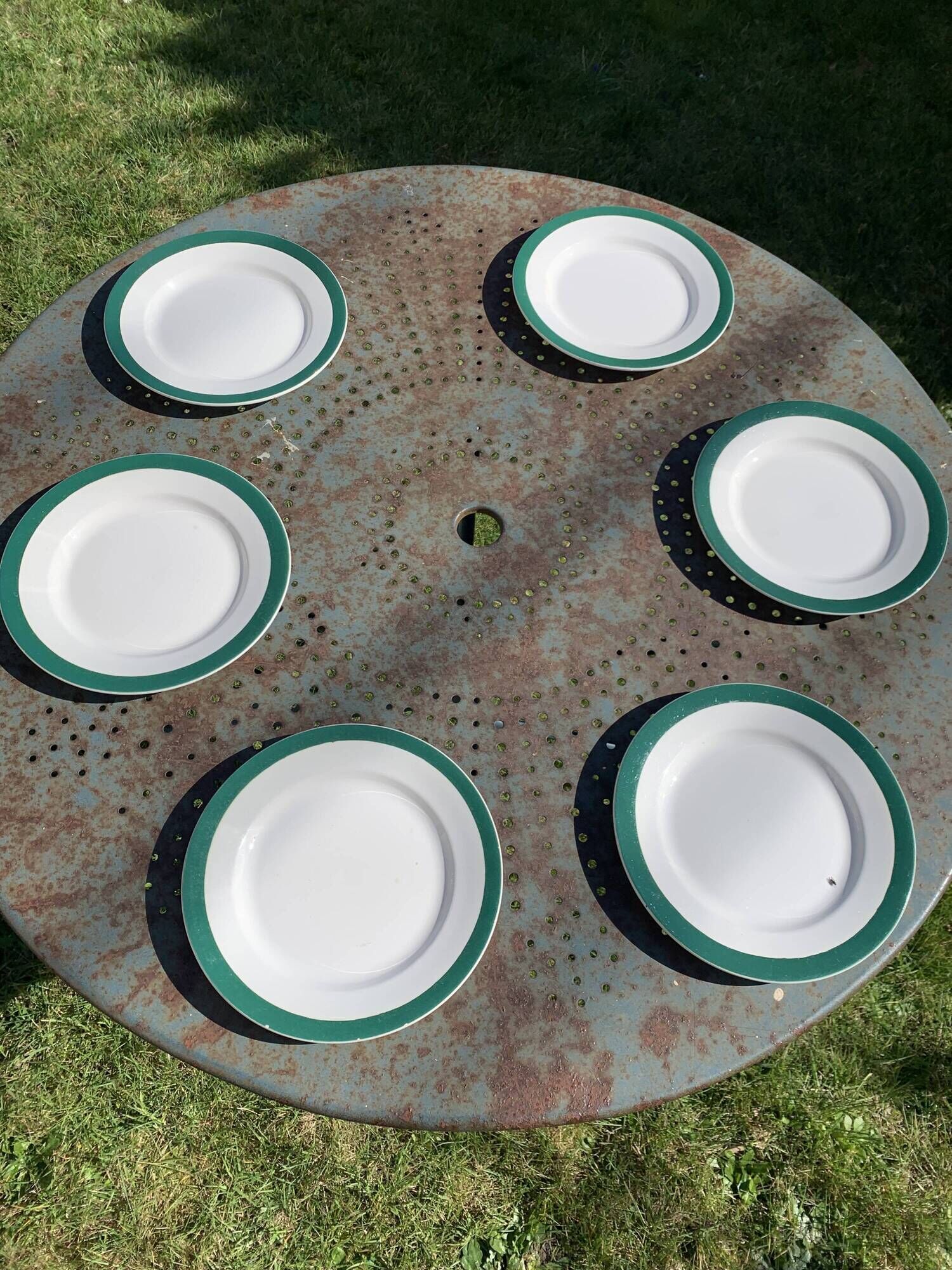 6 flat antique earthenware plates with dark green edging Digoin sarreguemines old france