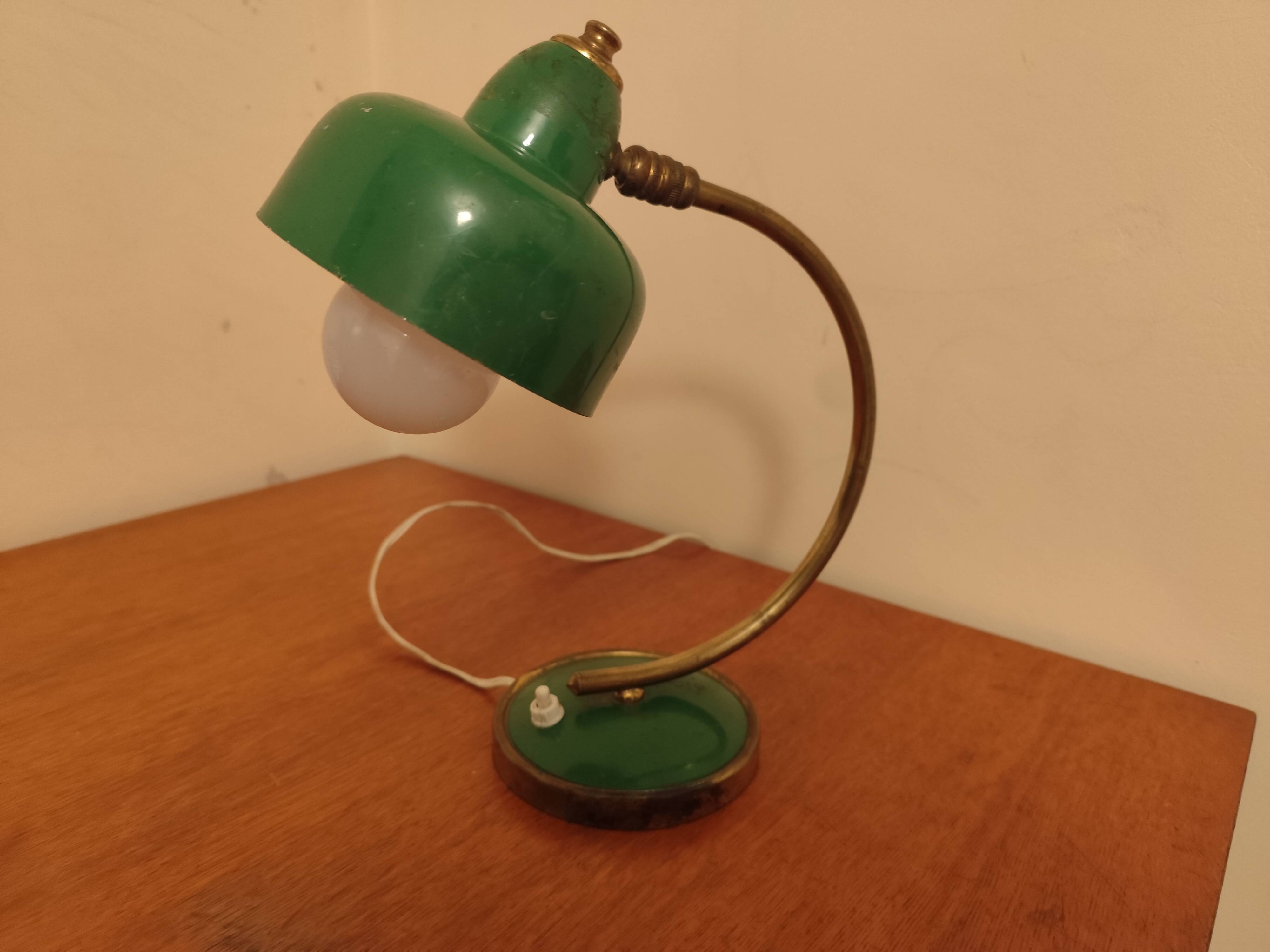 Vintage Scandinavian Art Deco desk lamp from the 40s, golden brass, retro, moon shape, swan neck