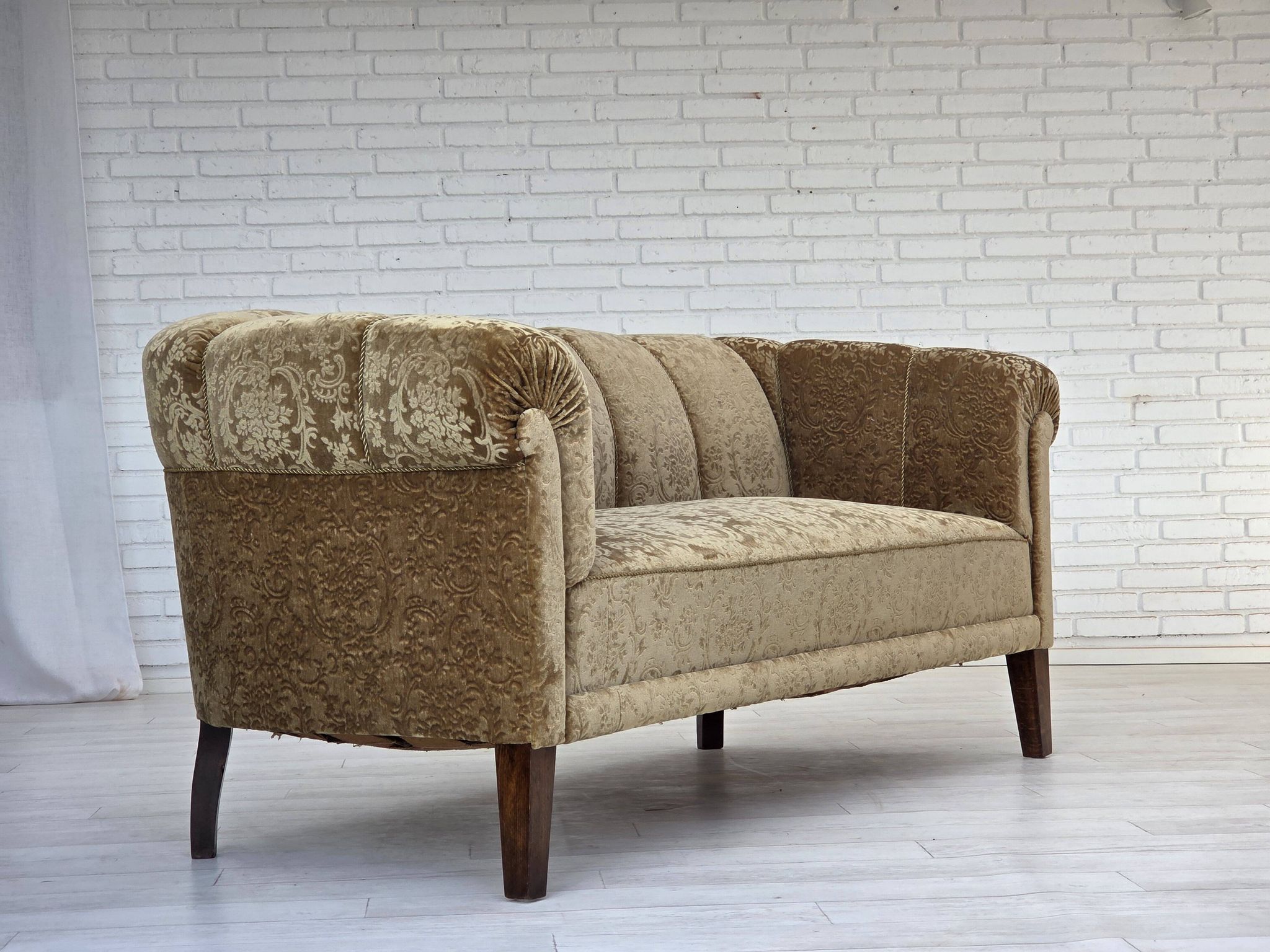 1960s, 3-seater Danish sofa, green furniture velour, ash wood legs.