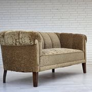 1960s, 3-seater Danish sofa, green furniture velour, ash wood legs.