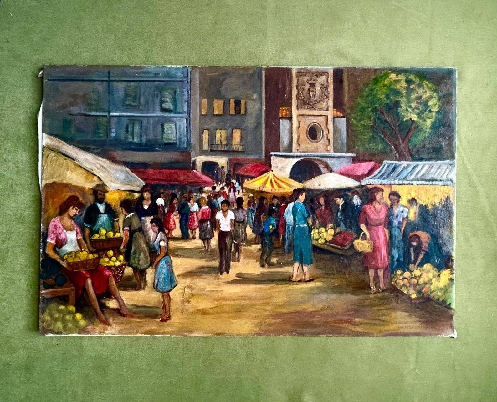1960s French Oil Village Scene – Large Provençal Marketplein – Original Vin