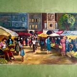 1960s French Oil Village Scene – Large Provençal Marketplein – Original Vin