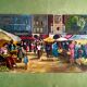 Scène de village pétrolier français des années 1960 – Grande place de marché provençale – Vin original