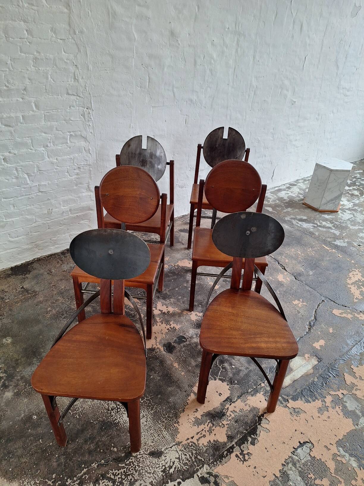Set of 6 mid century Brutalist teak and steel dining chairs, 1960s