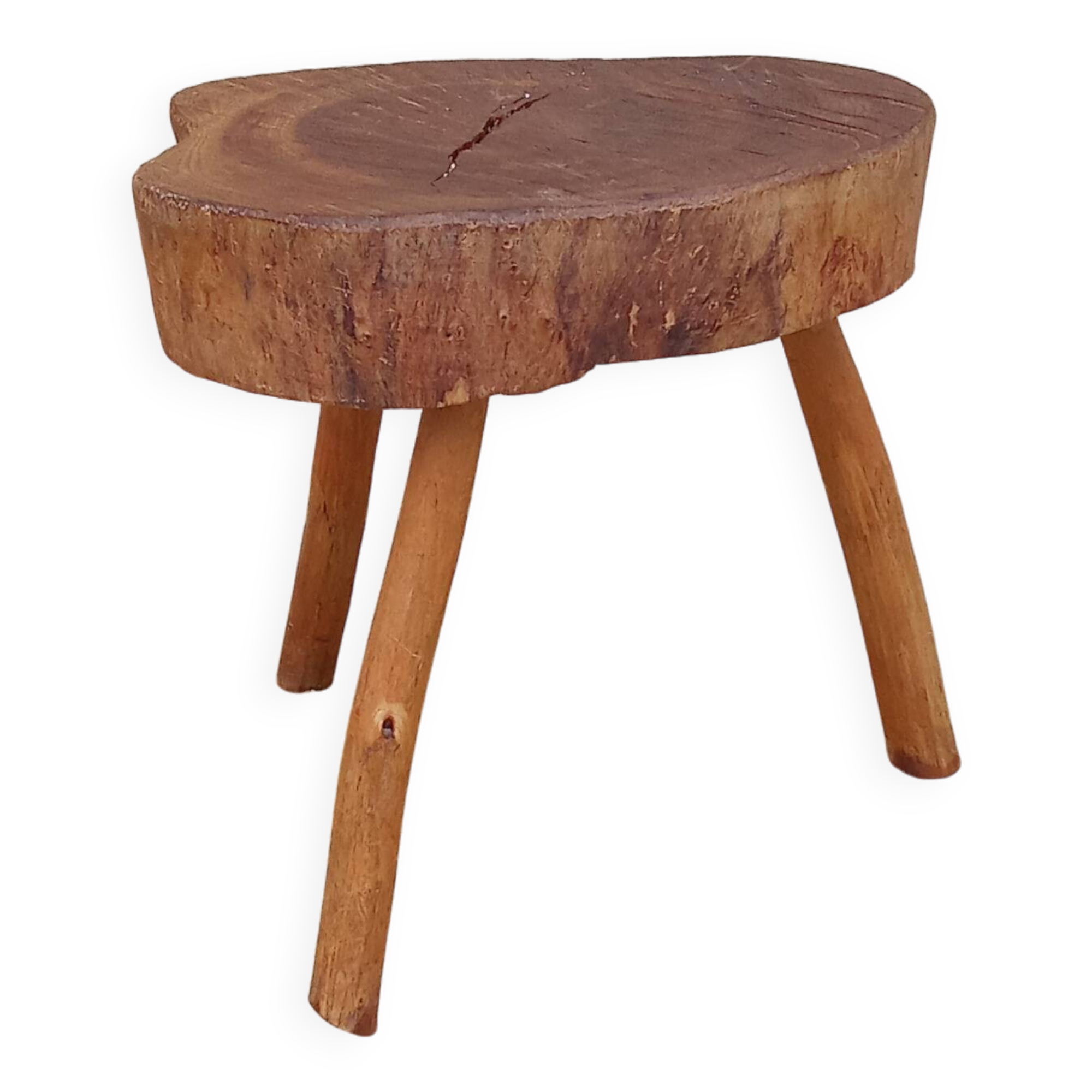 small vintage brutalist wooden tripod side table