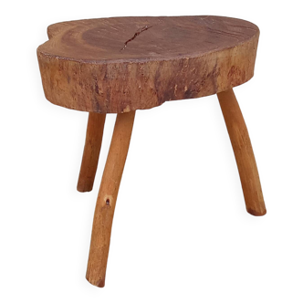 small vintage brutalist wooden tripod side table