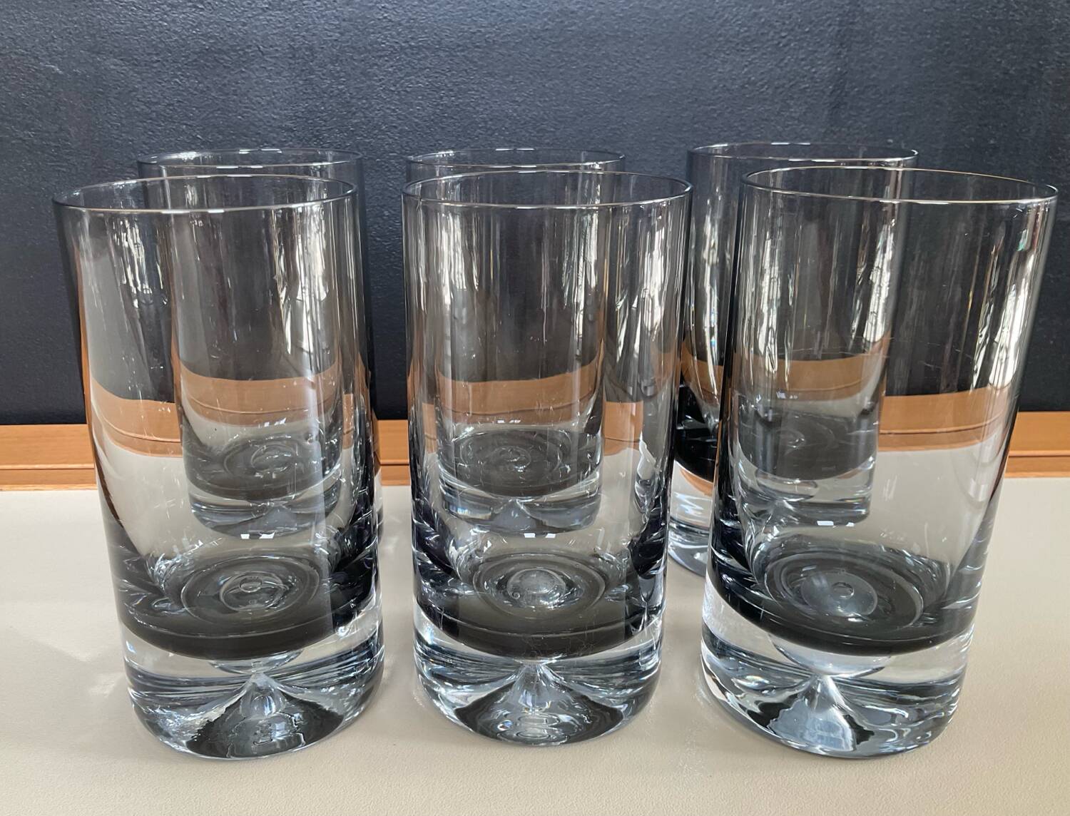 Set of 6 vintage smoked glasses with bubble feet from the 1970s.