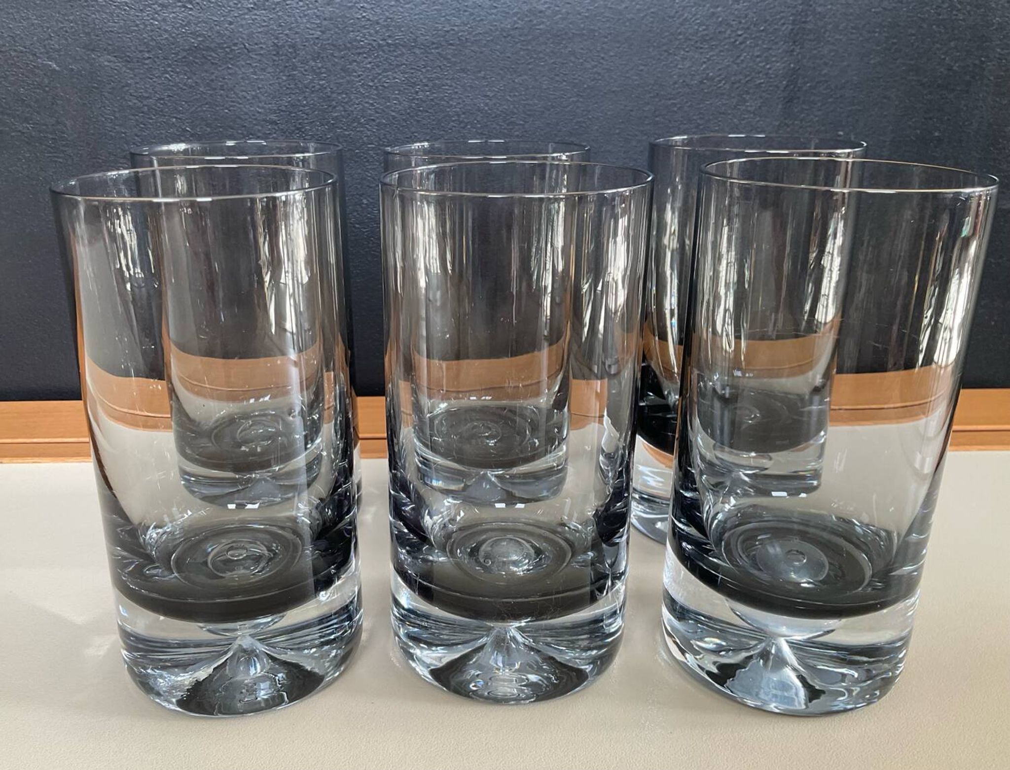 Set of 6 vintage smoked glasses with bubble feet from the 1970s.