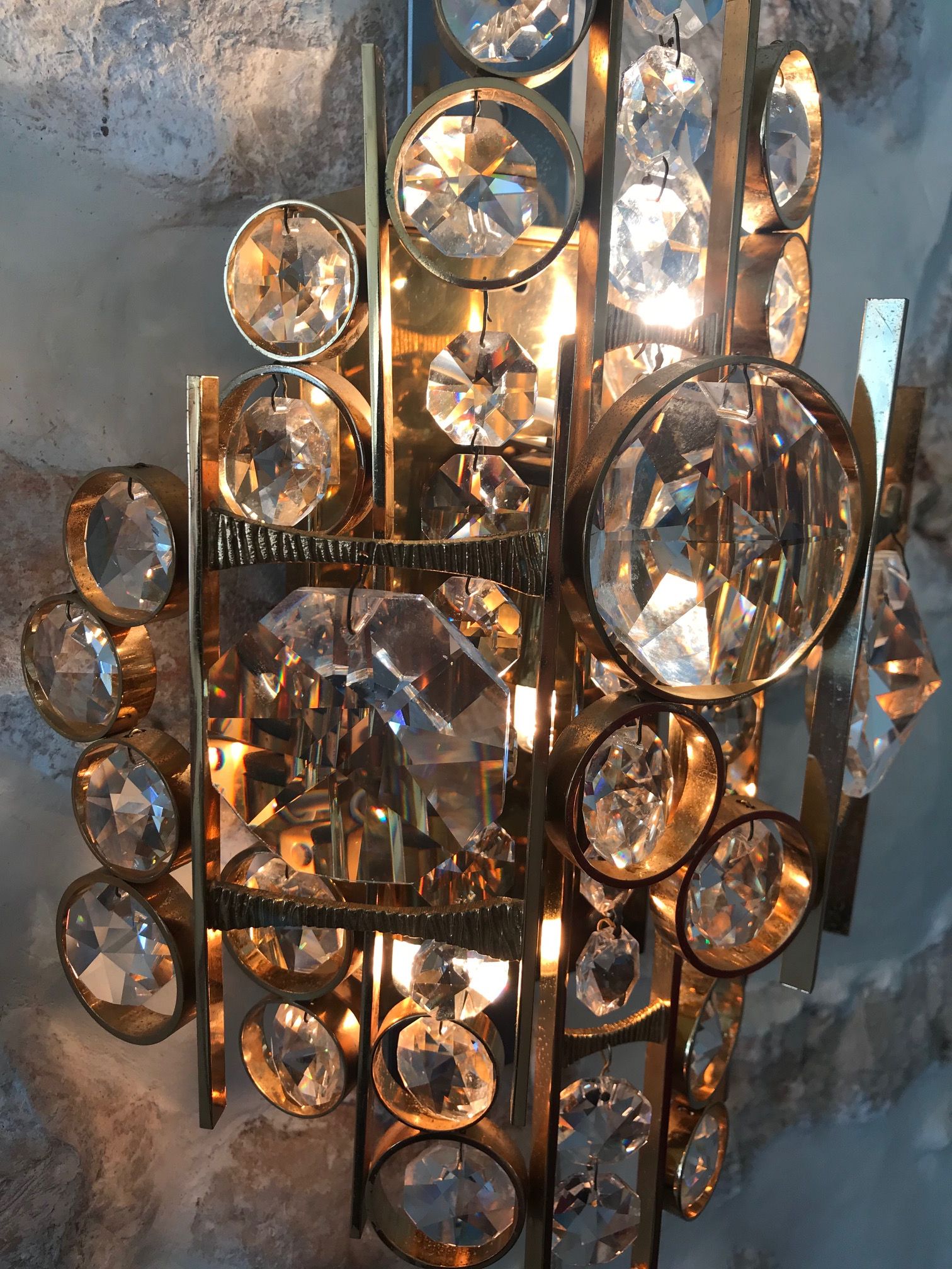 Pair of sconces Palwa in gold metal and Crystal 1960
