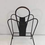 Black lacquered metal and brown leather magazine holders
