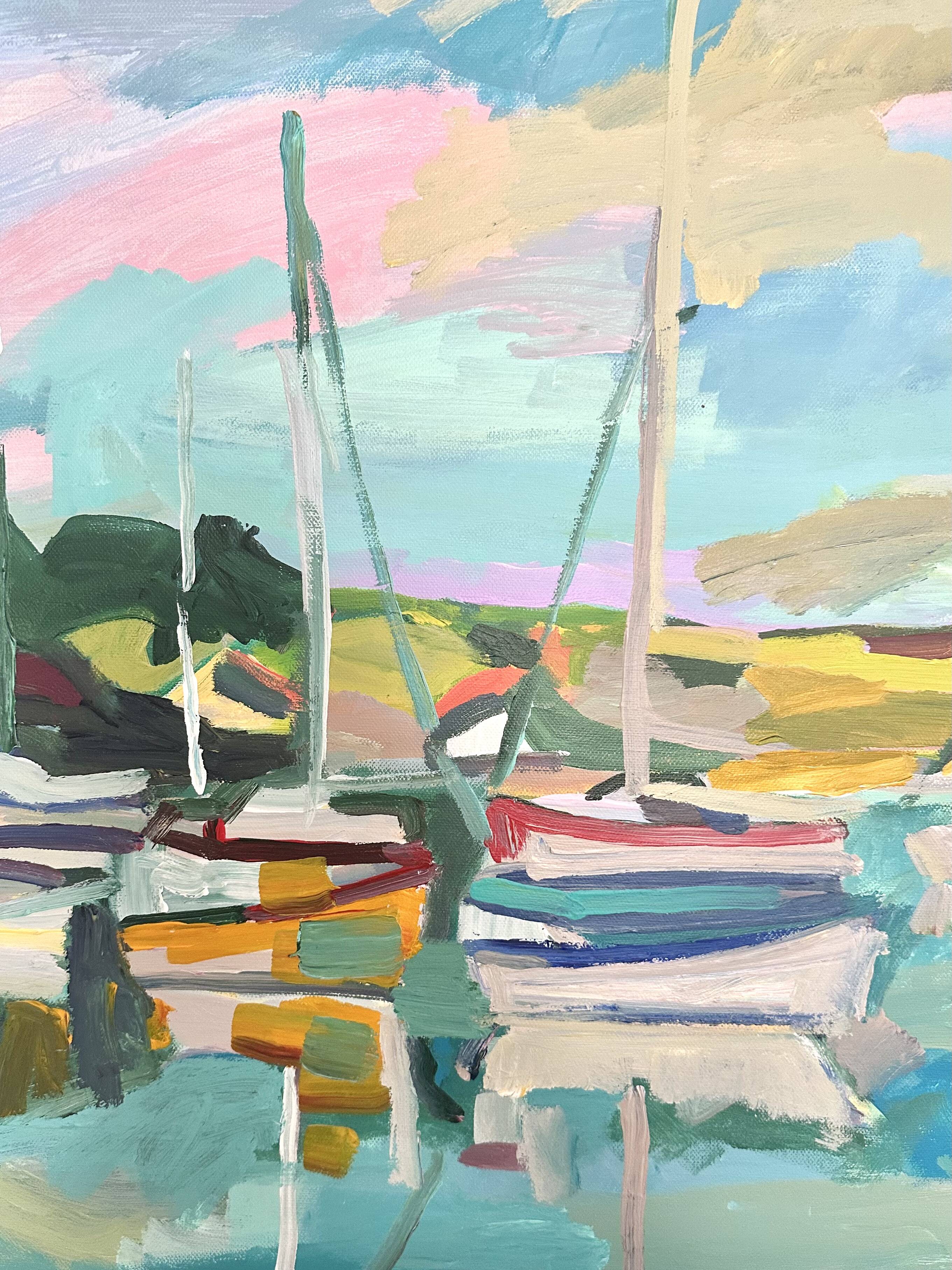 Oil on canvas port with sailing boats