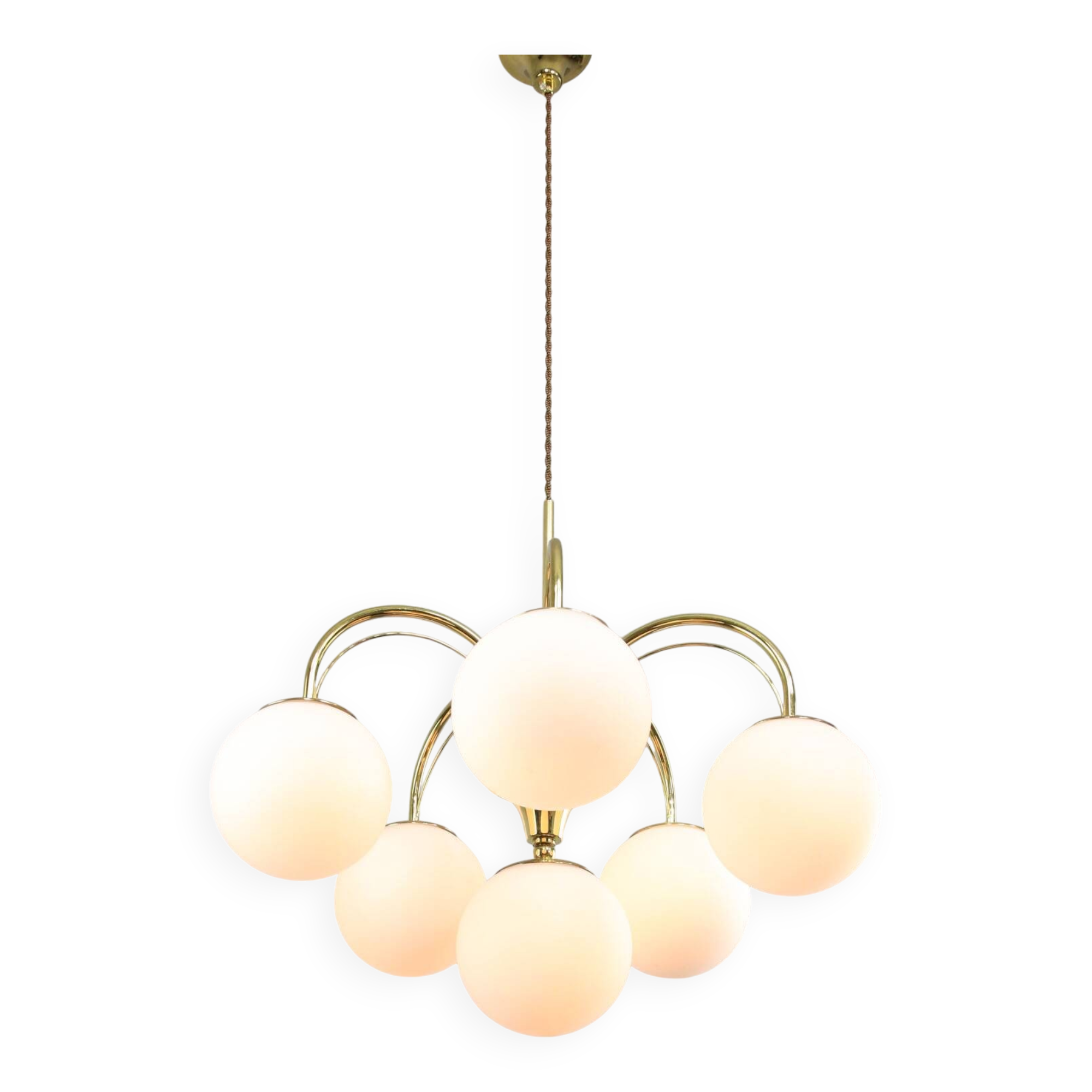 Vintage Golden & Opaline Glass 5-Arm Chandelier, 70s