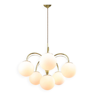 Vintage Golden & Opaline Glass 5-Arm Chandelier, 70s