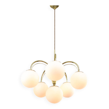 Vintage Golden & Opaline Glass 5-Arm Chandelier, 70s