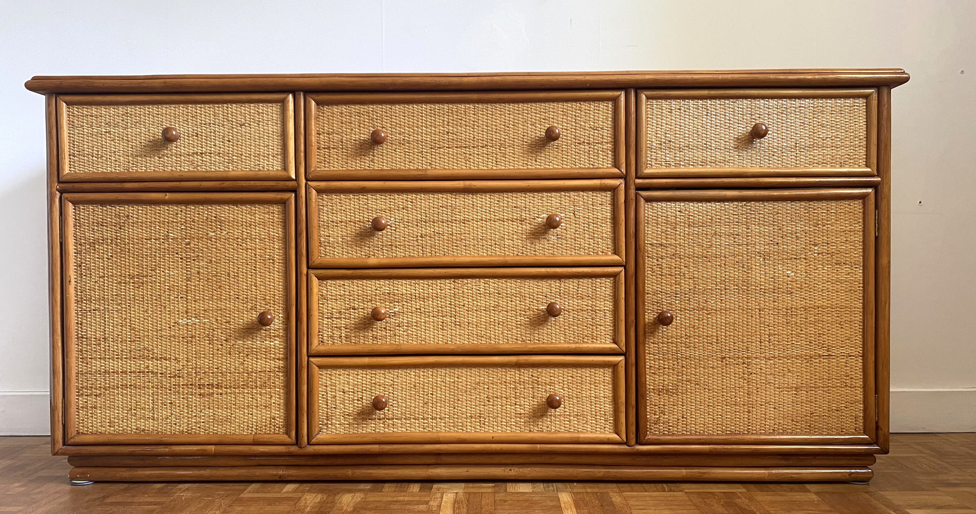 Wood and woven wicker sideboard