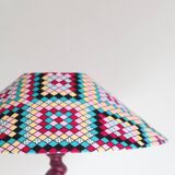 Table lamp in turned wood and printed conical shade