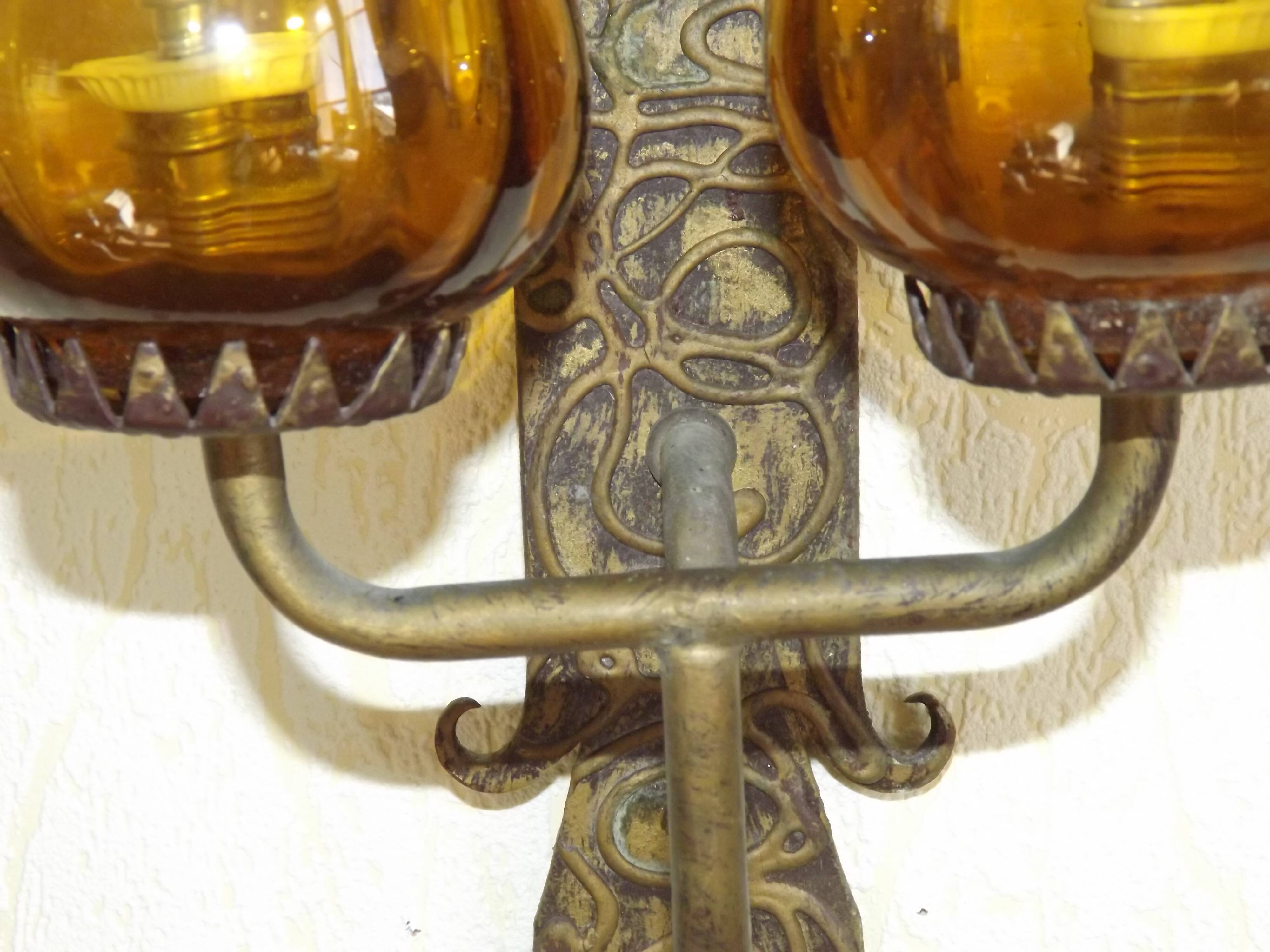 Double Hand Forged Wrought Iron Medieval Style Wall Light with Amber Glass Shade